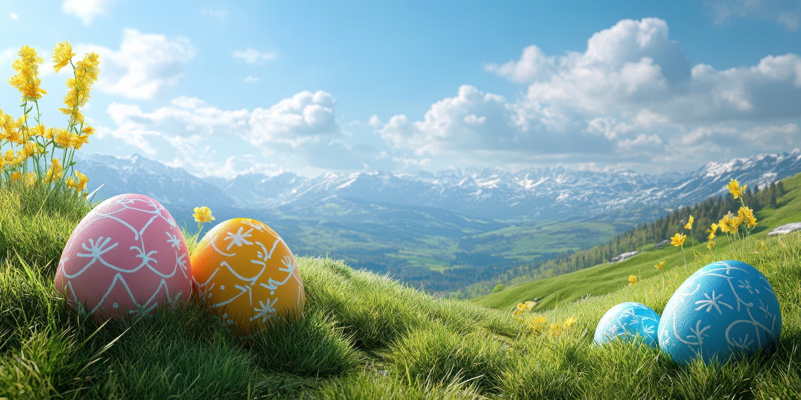 Colorful Easter eggs in a vibrant grassy field with a mountain backdrop under a clear blue sky